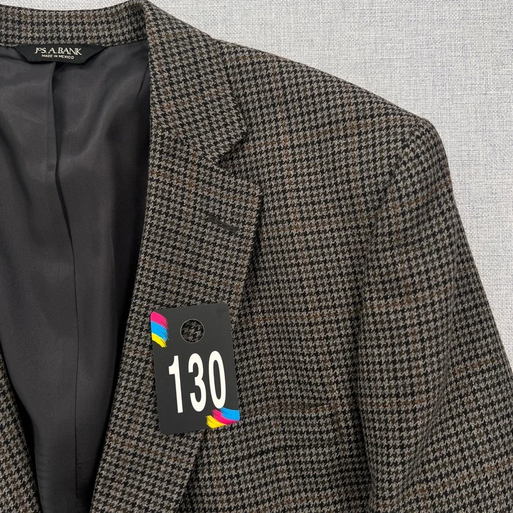VTG 90s Jos A Bank Houndstooth Wool Blazer Sport Coat Men 48R Brown Ivy Academia